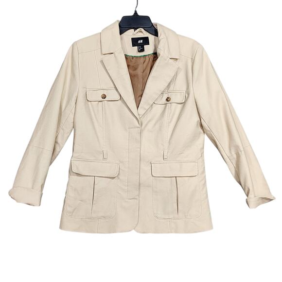 H&M Blazer Jacket Size 12 Beige Button Closure Tan Twill Heavyweight No Belt - Picture 1 of 9